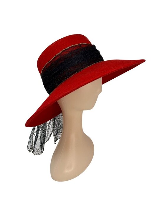 Vintage Red Wool Felt Hat Betmar Wide Brim Veil Dress Hat 1980s main image 5
